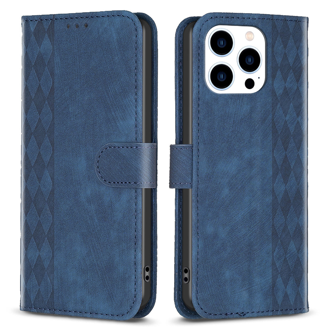 Uniqkart for iPhone 15 Pro Mobile Phone Stand Case Wallet Imprinted Rhombus PU Leather Anti-drop Phone Cover - Blue Uniqkart for iPhone 15 Pro Mobile Phone Stand Case Wallet Imprinted Rhombus PU Leather Anti-drop Phone Cover - Blue
